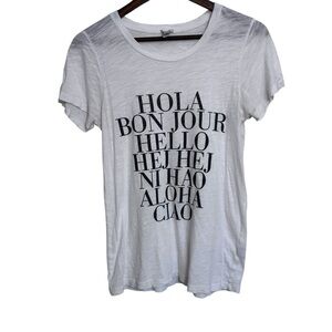 J. Crew Hello, Hola, Ciao Graphic White Woman’s Tee Shirt Size Small